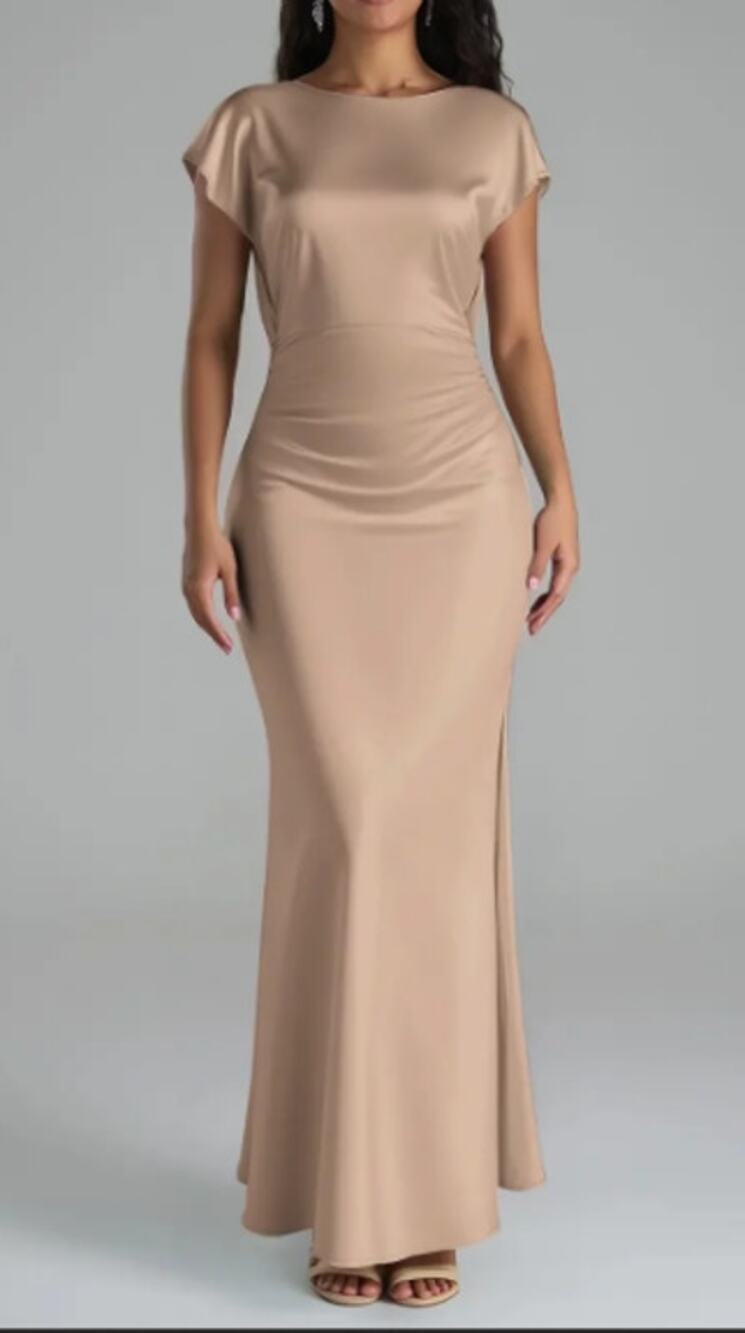 AW BRIDAL 6 S taupe Lacey satin bridesmaid party maxi dress NEW b45
